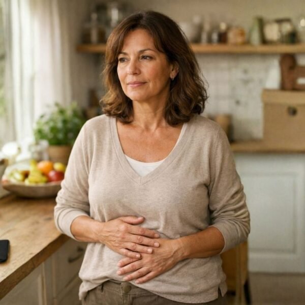 Mulher 50+ segurando o abdômen representando barriga inchada na menopausa em ambiente doméstico acolhedor.