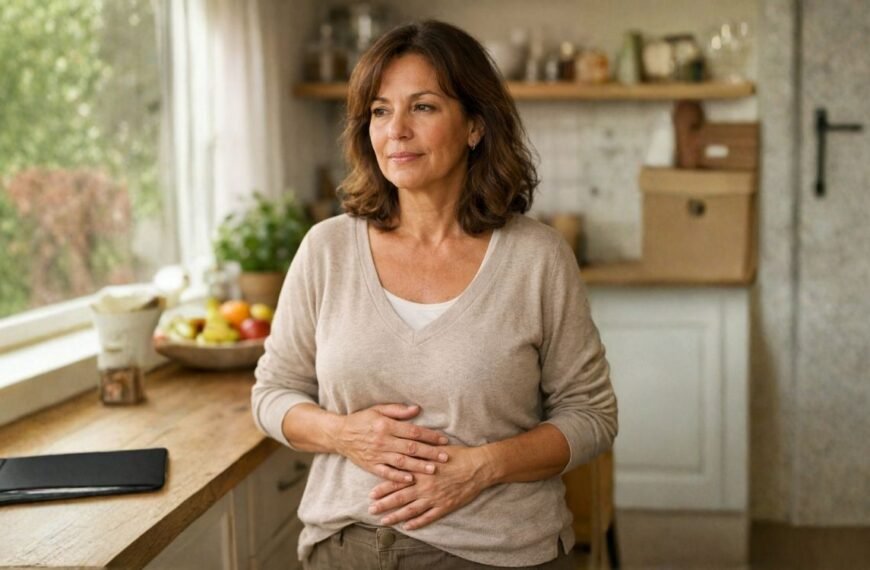 Mulher 50+ segurando o abdômen representando barriga inchada na menopausa em ambiente doméstico acolhedor.