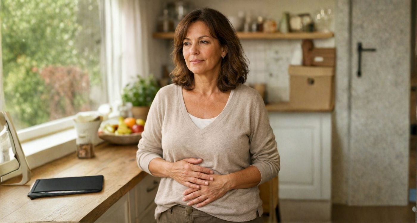 Mulher 50+ segurando o abdômen representando barriga inchada na menopausa em ambiente doméstico acolhedor.
