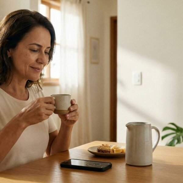 Uma mulher madura, sorrindo, senta-se à mesa de madeira da cozinha iluminada pelo sol, segurando uma xícara de café e olhando para o celular, que mostra um despertador. Ao lado dela, há uma jarra de água e um prato com comida. A imagem ilustra uma rotina matinal tranquila e consciente, relacionada ao tema café e menopausa, onde a mulher pode estar monitorando seus sintomas ou hábitos.