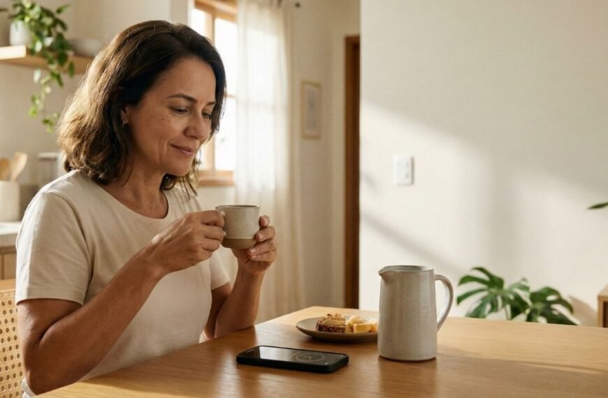 Uma mulher madura, sorrindo, senta-se à mesa de madeira da cozinha iluminada pelo sol, segurando uma xícara de café e olhando para o celular, que mostra um despertador. Ao lado dela, há uma jarra de água e um prato com comida. A imagem ilustra uma rotina matinal tranquila e consciente, relacionada ao tema café e menopausa, onde a mulher pode estar monitorando seus sintomas ou hábitos.