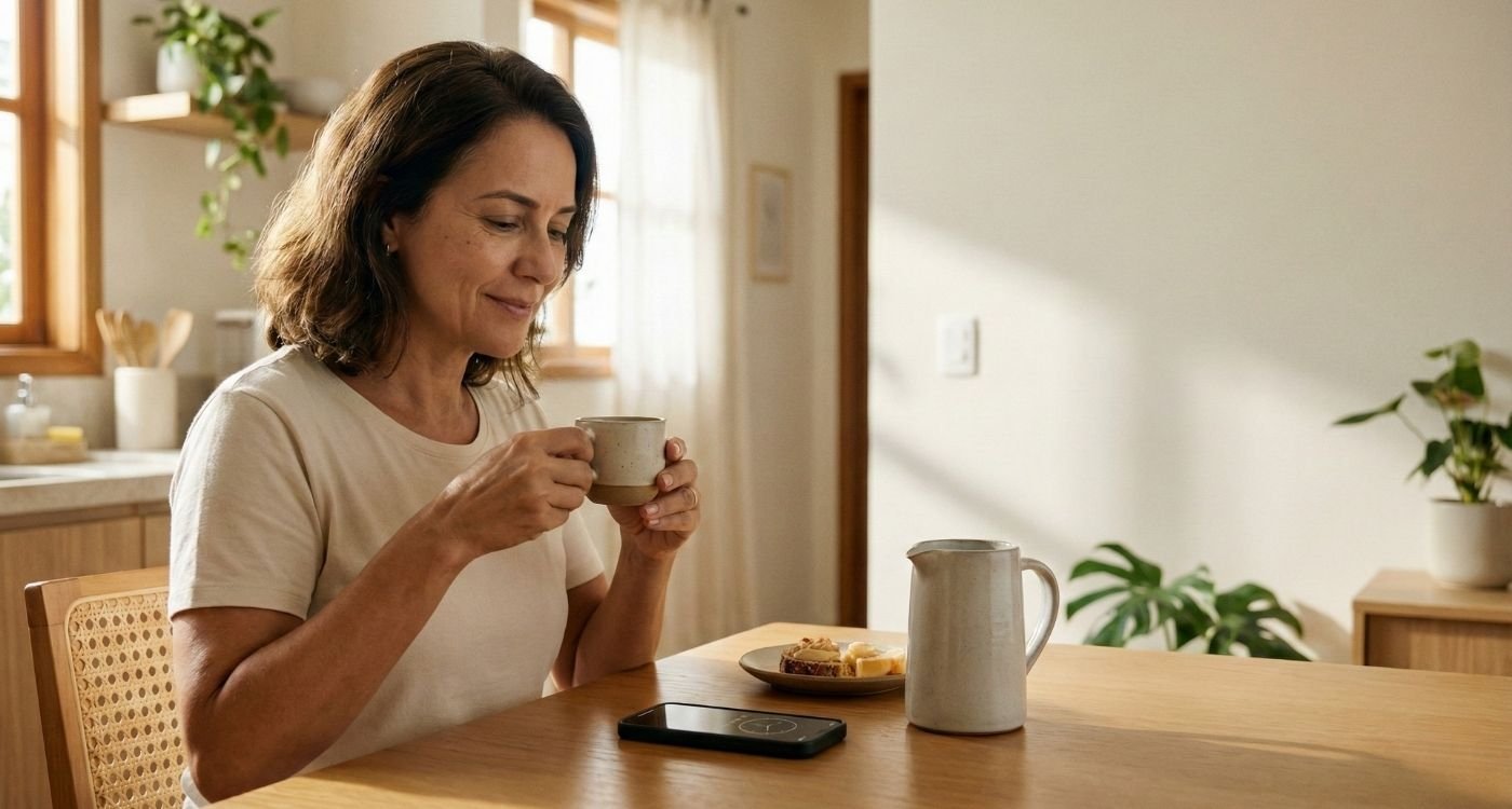Uma mulher madura, sorrindo, senta-se à mesa de madeira da cozinha iluminada pelo sol, segurando uma xícara de café e olhando para o celular, que mostra um despertador. Ao lado dela, há uma jarra de água e um prato com comida. A imagem ilustra uma rotina matinal tranquila e consciente, relacionada ao tema café e menopausa, onde a mulher pode estar monitorando seus sintomas ou hábitos.