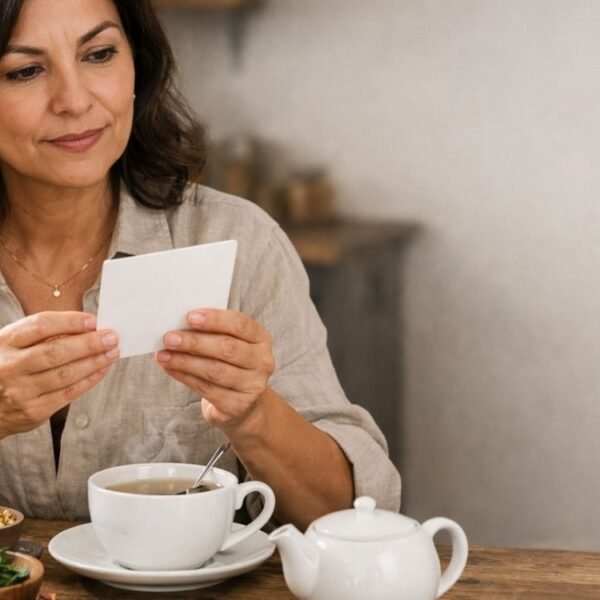 Mulher 45+ preparando chá para menopausa com ervas naturais em casa