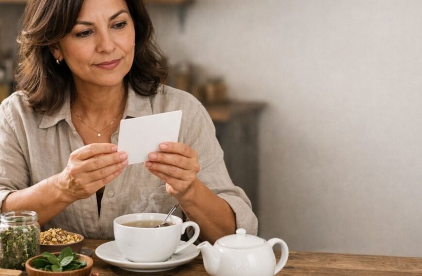 Mulher 45+ preparando chá para menopausa com ervas naturais em casa