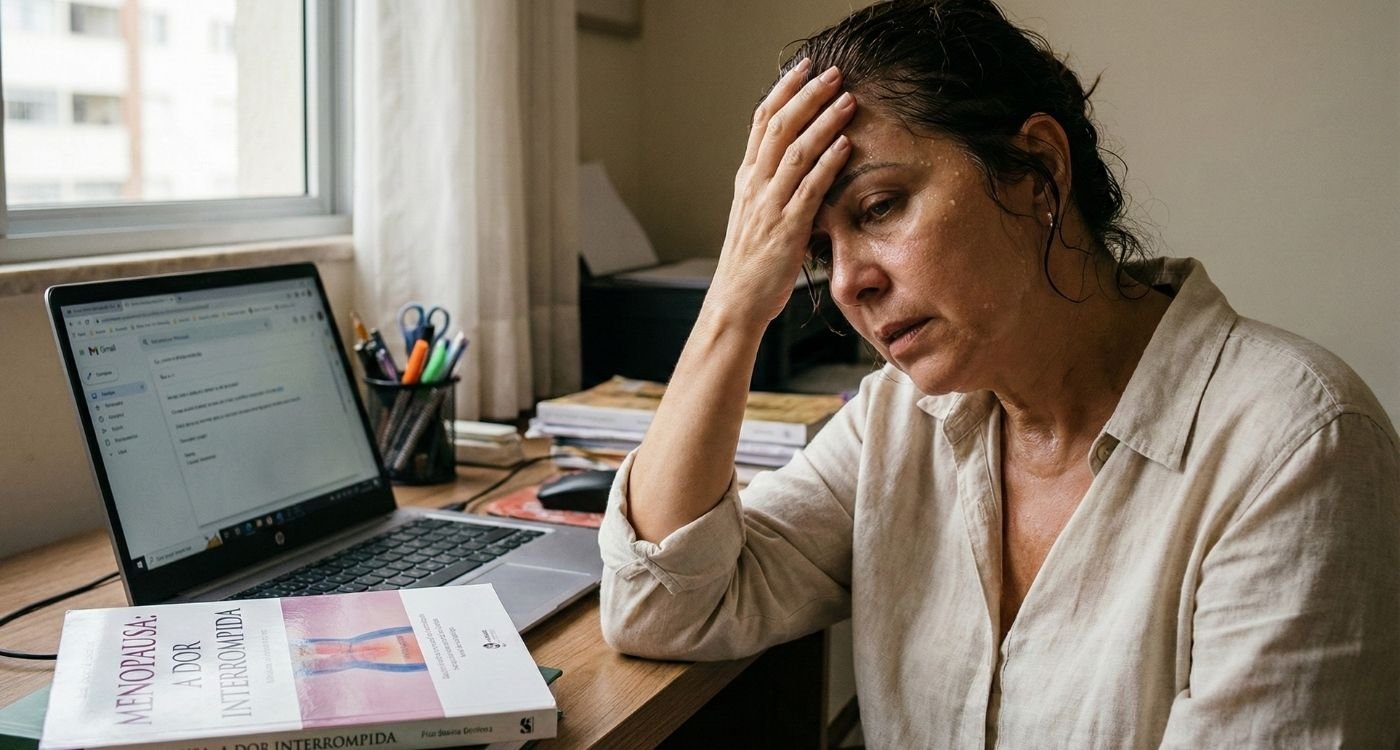 Mulher madura a usar um leque branco para combater o calor intenso enquanto trabalha no portátil, evidenciando o desconforto que motiva a procura por fezolinetant para fogachos.