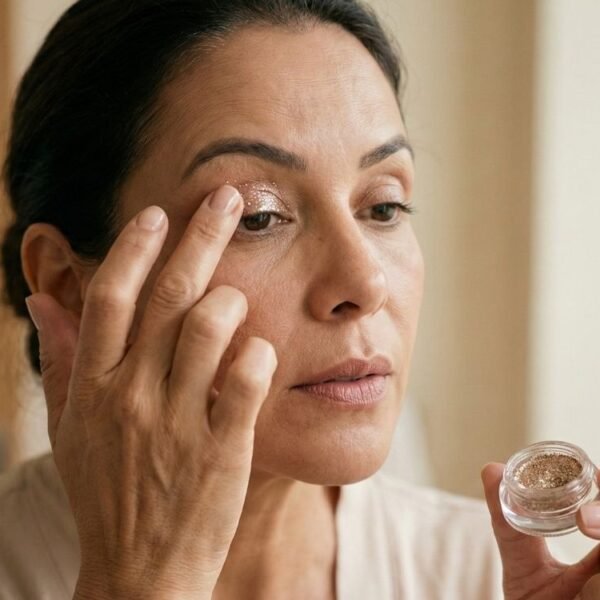Uma fotografia lifestyle editorial em close-up de uma mulher de meia-idade, com pele natural e linhas finas, aplicando glitter dourado em gel na pálpebra móvel com o dedo anelar da mão direita. Ela segura um pequeno pote de glitter e um pincel com a mão esquerda, olhando concentrada em um espelho em um banheiro ou penteadeira com luz natural suave e difusa. A cena tem uma paleta de cores neutra e acolhedora.