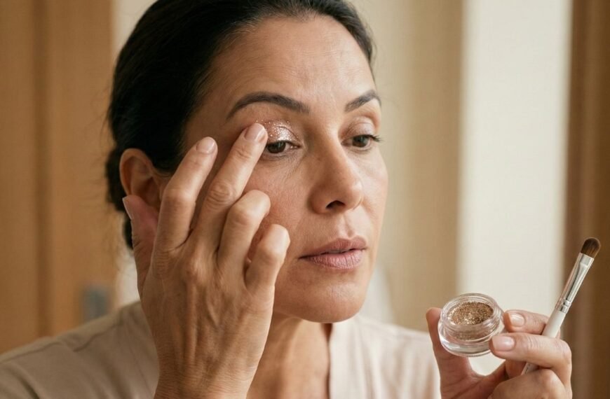 Uma fotografia lifestyle editorial em close-up de uma mulher de meia-idade, com pele natural e linhas finas, aplicando glitter dourado em gel na pálpebra móvel com o dedo anelar da mão direita. Ela segura um pequeno pote de glitter e um pincel com a mão esquerda, olhando concentrada em um espelho em um banheiro ou penteadeira com luz natural suave e difusa. A cena tem uma paleta de cores neutra e acolhedora.