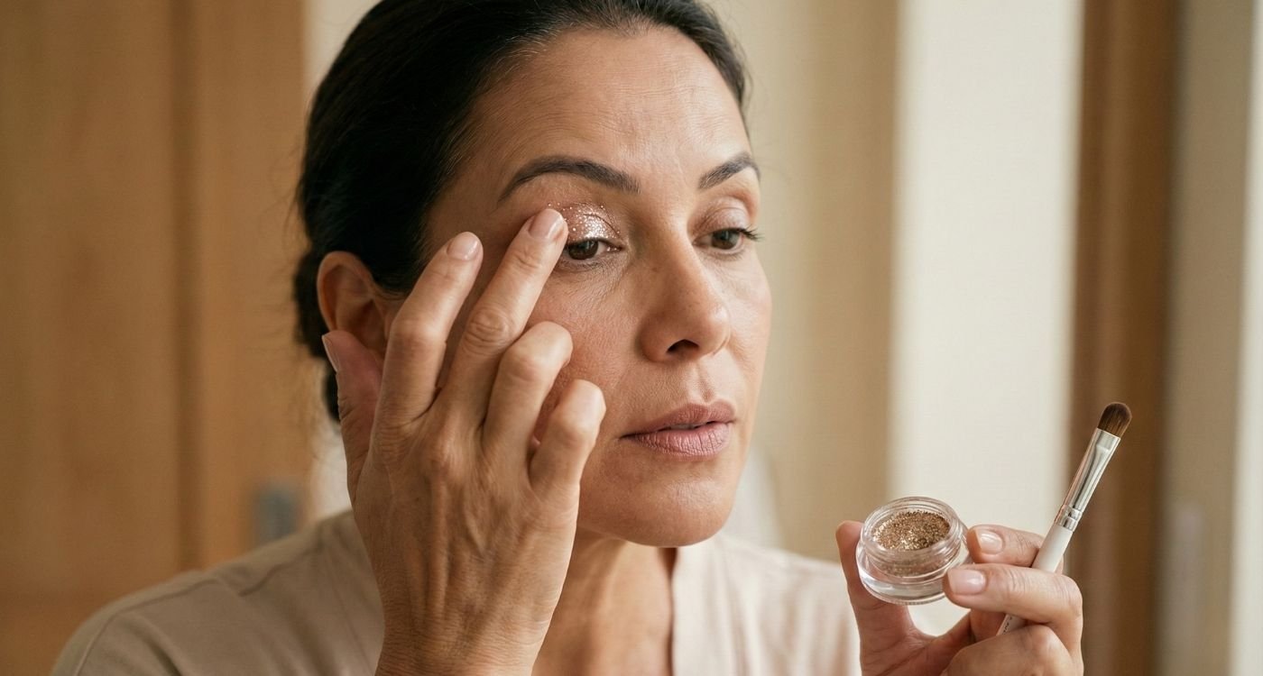 Uma fotografia lifestyle editorial em close-up de uma mulher de meia-idade, com pele natural e linhas finas, aplicando glitter dourado em gel na pálpebra móvel com o dedo anelar da mão direita. Ela segura um pequeno pote de glitter e um pincel com a mão esquerda, olhando concentrada em um espelho em um banheiro ou penteadeira com luz natural suave e difusa. A cena tem uma paleta de cores neutra e acolhedora.
