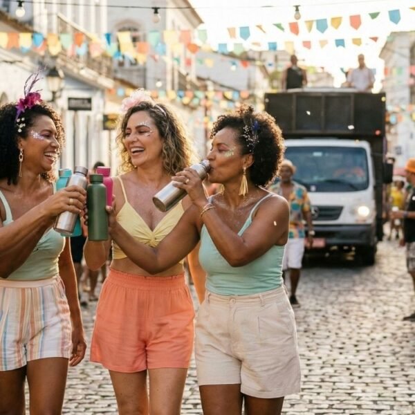 Foto de quatro mulheres maduras e diversas sorrindo e caminhando juntas em uma rua de paralelepípedos durante um bloco de carnaval diurno no Brasil. Elas usam roupas leves e adereços festivos. Três delas erguem garrafas de água reutilizáveis em um brinde, enquanto a quarta bebe de sua garrafa, ilustrando a importância da hidratação na menopausa durante a folia. Ao fundo, há prédios históricos, bandeirinhas coloridas e um trio elétrico.