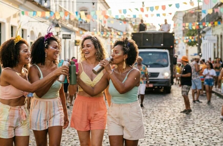 Foto de quatro mulheres maduras e diversas sorrindo e caminhando juntas em uma rua de paralelepípedos durante um bloco de carnaval diurno no Brasil. Elas usam roupas leves e adereços festivos. Três delas erguem garrafas de água reutilizáveis em um brinde, enquanto a quarta bebe de sua garrafa, ilustrando a importância da hidratação na menopausa durante a folia. Ao fundo, há prédios históricos, bandeirinhas coloridas e um trio elétrico.