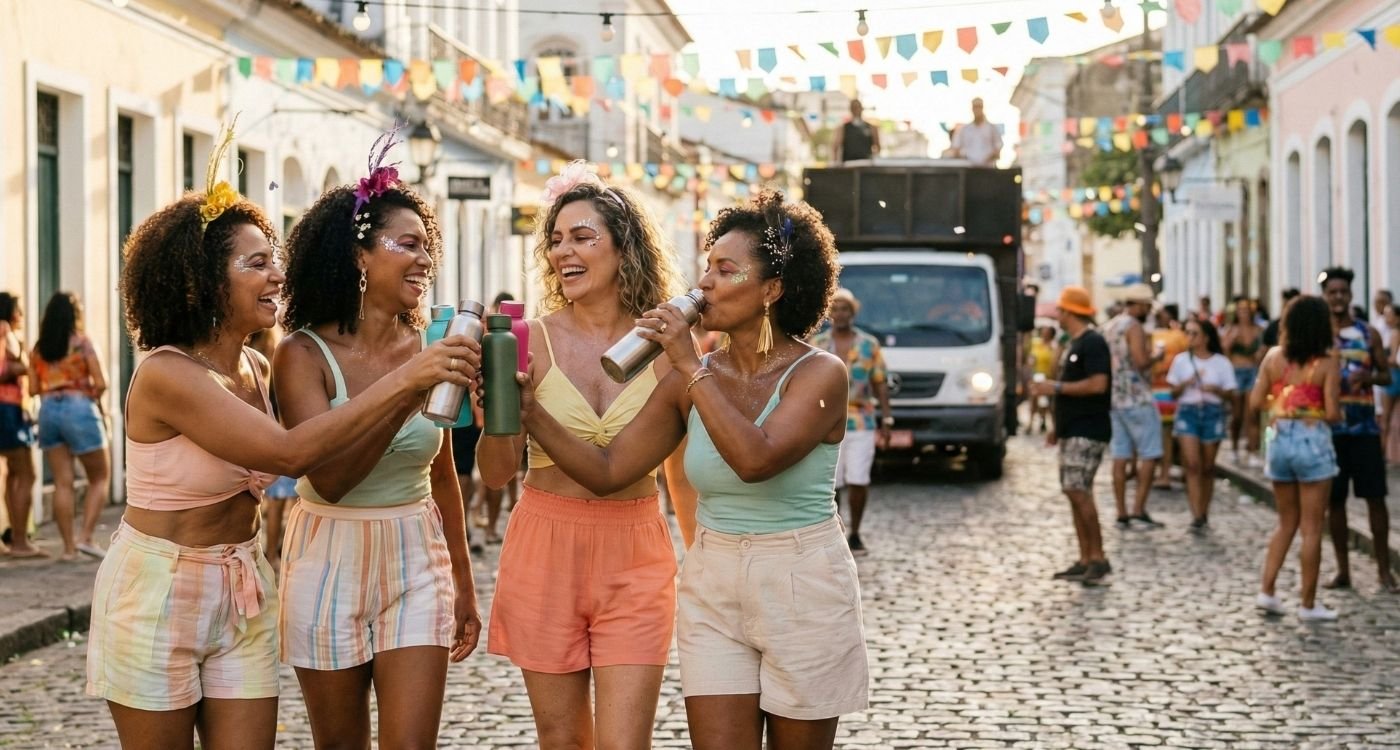Foto de quatro mulheres maduras e diversas sorrindo e caminhando juntas em uma rua de paralelepípedos durante um bloco de carnaval diurno no Brasil. Elas usam roupas leves e adereços festivos. Três delas erguem garrafas de água reutilizáveis em um brinde, enquanto a quarta bebe de sua garrafa, ilustrando a importância da hidratação na menopausa durante a folia. Ao fundo, há prédios históricos, bandeirinhas coloridas e um trio elétrico.