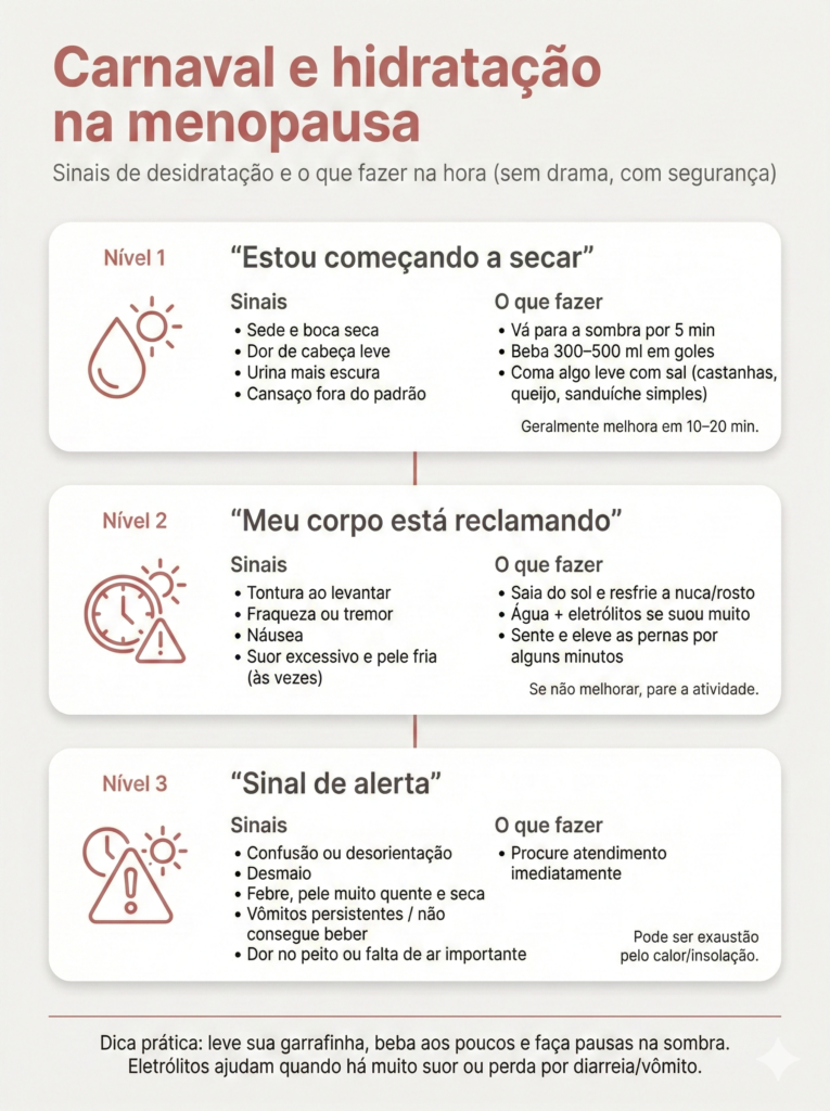 Infográfico vertical com fundo claro e detalhes em tom terracota, intitulado no topo: "Carnaval e hidratação na menopausa". Abaixo, o subtítulo "Sinais de desidratação e o que fazer na hora (sem drama, com segurança)". O corpo principal é composto por três cartões arredondados, empilhados e conectados por uma linha vertical, indicando níveis progressivos de gravidade.O primeiro cartão superior é o "Nível 1", com o título entre aspas "Estou começando a secar" e um ícone de gota d'água e sol. À direita, sob "Sinais", lista: sede e boca seca; dor de cabeça leve; urina mais escura; cansaço fora do padrão. Sob "O que fazer": vá para a sombra por 5 min; beba 300–500 ml em goles; coma algo leve com sal (castanhas, queijo, sanduíche simples). Uma nota pequena diz: "Geralmente melhora em 10–20 min".O segundo cartão central é o "Nível 2", intitulado "Meu corpo está reclamando", com ícones de relógio, sol e triângulo de alerta. Sinais listados: tontura ao levantar; fraqueza ou tremor; náusea; suor excessivo e pele fria (às vezes). O que fazer: saia do sol e resfrie a nuca/rosto; água + eletrólitos se suou muito; sente e eleve as pernas por alguns minutos. Nota: "Se não melhorar, pare a atividade".O terceiro cartão inferior é o "Nível 3", intitulado "Sinal de alerta", com um grande ícone de triângulo de alerta contendo um relógio e um sol. Sinais graves: confusão ou desorientação; desmaio; febre, pele muito quente e seca; vômitos persistentes / não consegue beber; dor no peito ou falta de ar importante. O que fazer: procure atendimento imediatamente. Nota de rodapé do cartão: "Pode ser exaustão pelo calor/insolação".No rodapé do infográfico, após uma linha divisória, há uma dica prática final: "Leve sua garrafinha, beba aos poucos e faça pausas na sombra. Eletrólitos ajudam quando há muito suor ou perda por diarreia/vômito". O material serve como um guia visual rápido para monitorar a hidratação na menopausa durante o carnaval.
