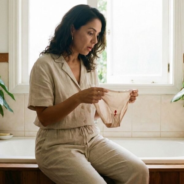 Mulher de meia-idade sentada na borda de uma banheira em um banheiro iluminado, segurando e olhando com uma expressão de surpresa ou preocupação para uma calcinha com uma pequena mancha de sangue, ilustrando uma situação relacionada à menstruação na pré-menopausa.
