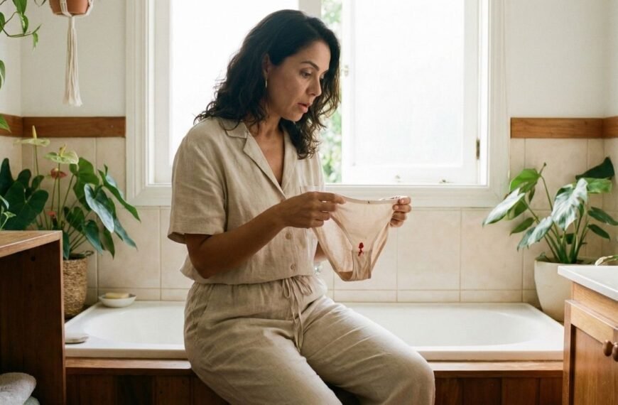 Mulher de meia-idade sentada na borda de uma banheira em um banheiro iluminado, segurando e olhando com uma expressão de surpresa ou preocupação para uma calcinha com uma pequena mancha de sangue, ilustrando uma situação relacionada à menstruação na pré-menopausa.