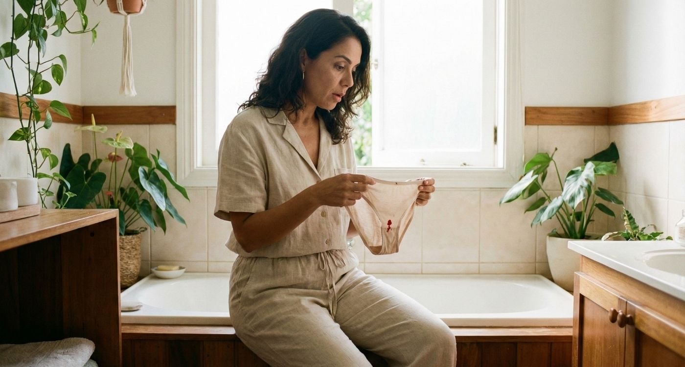 Mulher de meia-idade sentada na borda de uma banheira em um banheiro iluminado, segurando e olhando com uma expressão de surpresa ou preocupação para uma calcinha com uma pequena mancha de sangue, ilustrando uma situação relacionada à menstruação na pré-menopausa.