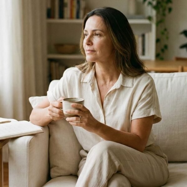 Mulher madura, com aparência natural e serena, sentada em um sofá em uma sala de estar iluminada, segurando uma xícara e olhando pela janela. Ao seu lado, um calendário e um caderno abertos sugerem o acompanhamento de sintomas da pré-menopausa em um ambiente tranquilo e acolhedor.