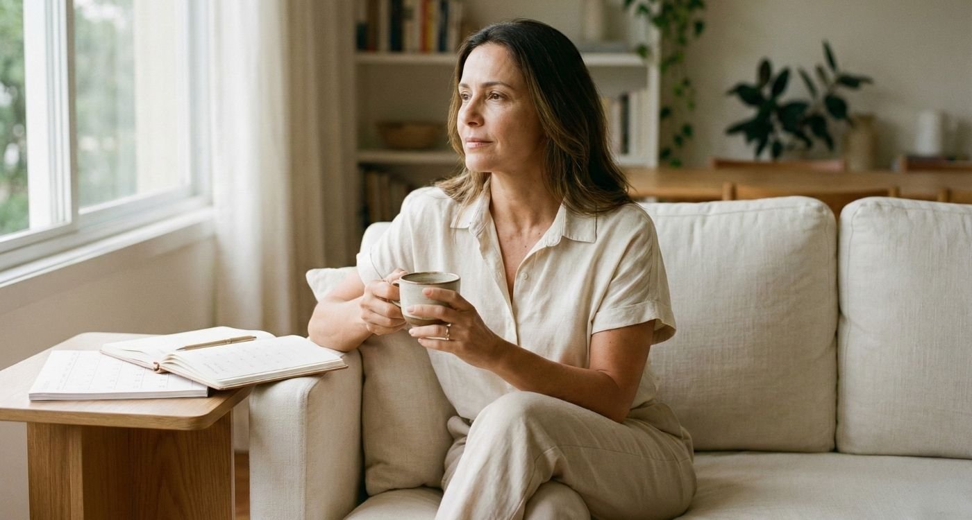 Mulher madura, com aparência natural e serena, sentada em um sofá em uma sala de estar iluminada, segurando uma xícara e olhando pela janela. Ao seu lado, um calendário e um caderno abertos sugerem o acompanhamento de sintomas da pré-menopausa em um ambiente tranquilo e acolhedor.