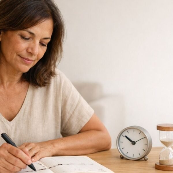 Mulher brasileira de meia-idade sentada à mesa em ambiente doméstico claro, organizando um calendário e marcando uma linha do tempo com caneta, com relógio e ampulheta ao lado, representando de forma simbólica quanto tempo dura a menopausa e as diferentes fases dessa transição natural.