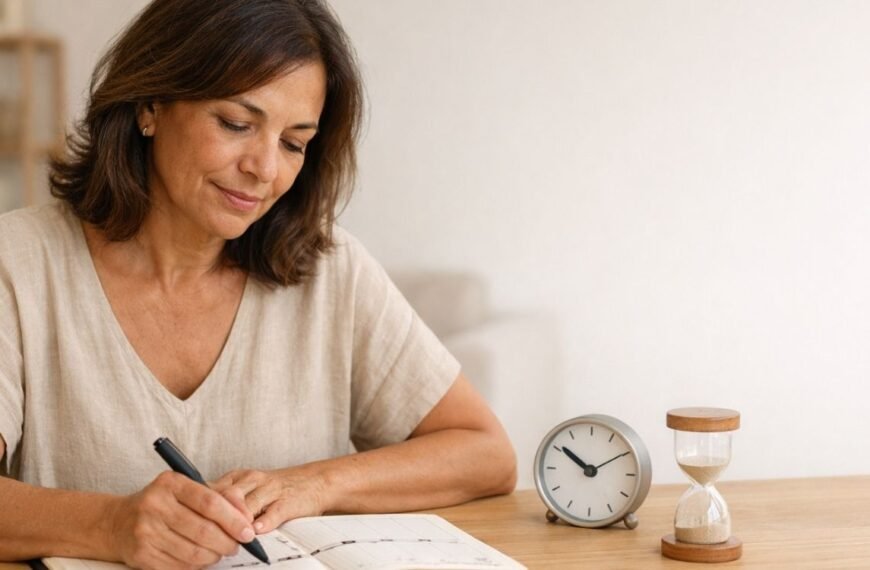 Mulher brasileira de meia-idade sentada à mesa em ambiente doméstico claro, organizando um calendário e marcando uma linha do tempo com caneta, com relógio e ampulheta ao lado, representando de forma simbólica quanto tempo dura a menopausa e as diferentes fases dessa transição natural.