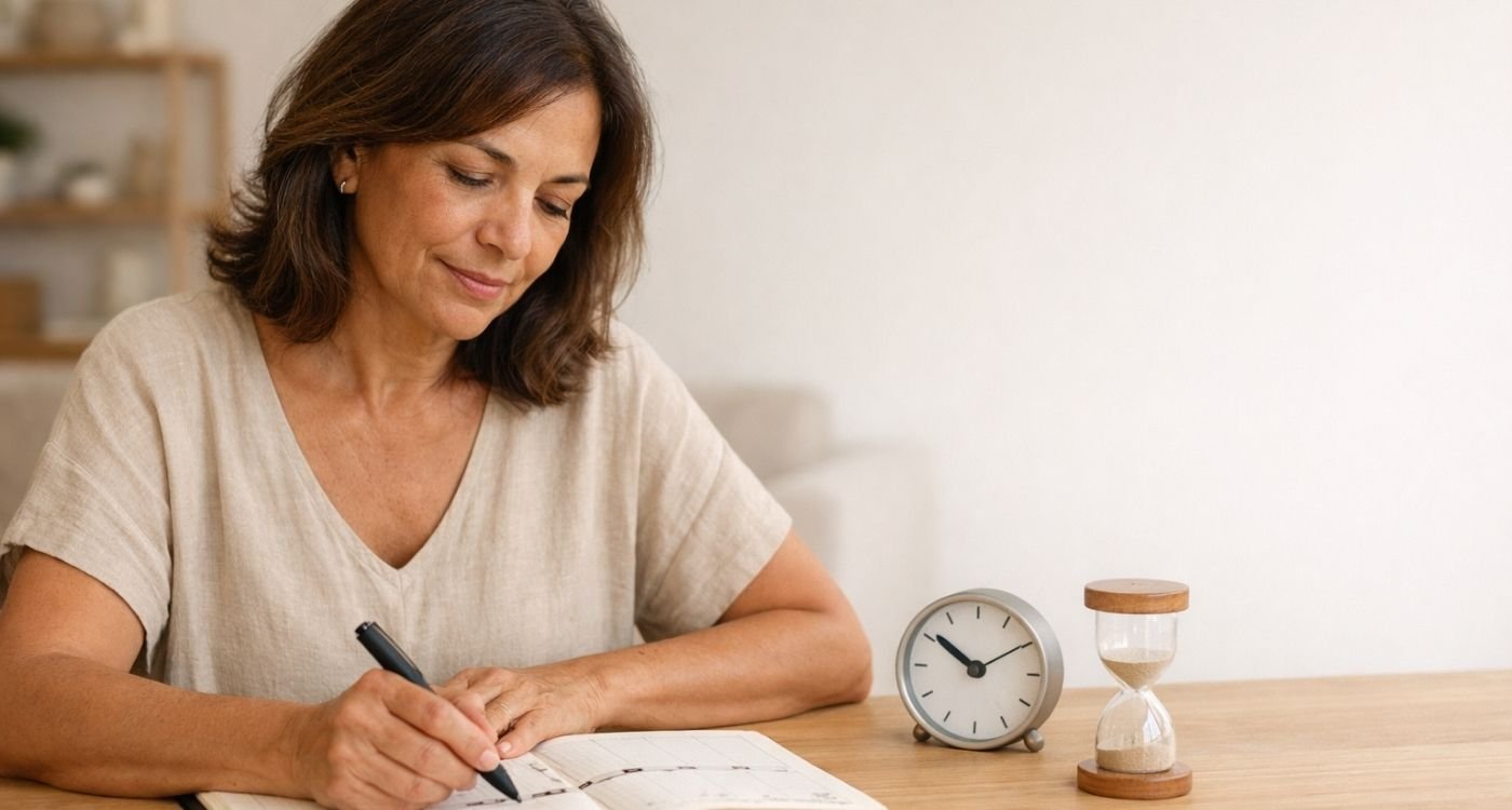 Mulher brasileira de meia-idade sentada à mesa em ambiente doméstico claro, organizando um calendário e marcando uma linha do tempo com caneta, com relógio e ampulheta ao lado, representando de forma simbólica quanto tempo dura a menopausa e as diferentes fases dessa transição natural.