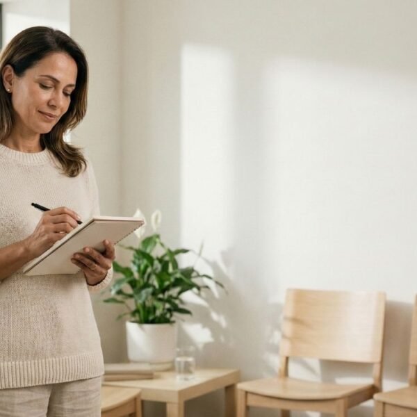 Mulher 45+ se preparando para conversar sobre remédio para menopausa com o médico.