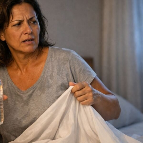Mulher brasileira de 45 a 55 anos sentada na cama durante a noite, em quarto acolhedor com iluminação suave, segurando uma garrafa de água enquanto afasta o lençol do corpo, com expressão de leve incômodo causado por suores noturnos; pijama discretamente úmido, ventilação ao fundo e amplo espaço lateral para inserção de título.