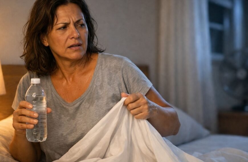 Mulher brasileira de 45 a 55 anos sentada na cama durante a noite, em quarto acolhedor com iluminação suave, segurando uma garrafa de água enquanto afasta o lençol do corpo, com expressão de leve incômodo causado por suores noturnos; pijama discretamente úmido, ventilação ao fundo e amplo espaço lateral para inserção de título.