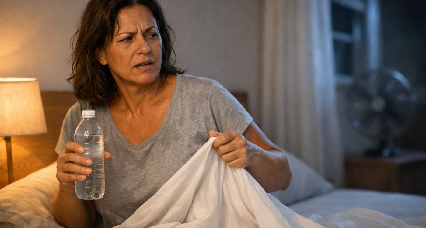Mulher brasileira de 45 a 55 anos sentada na cama durante a noite, em quarto acolhedor com iluminação suave, segurando uma garrafa de água enquanto afasta o lençol do corpo, com expressão de leve incômodo causado por suores noturnos; pijama discretamente úmido, ventilação ao fundo e amplo espaço lateral para inserção de título.