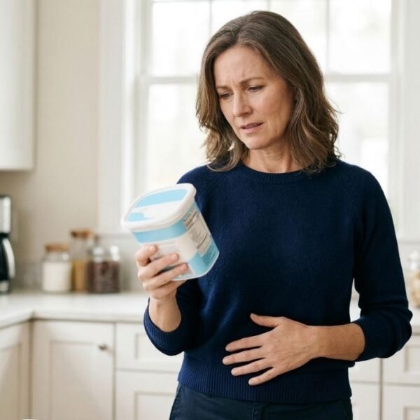 Mulher 45+ lendo rótulo de produto zero açúcar, ilustrando adoçantes na menopausa e estufamento abdominal.