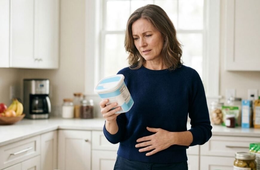Mulher 45+ lendo rótulo de produto zero açúcar, ilustrando adoçantes na menopausa e estufamento abdominal.
