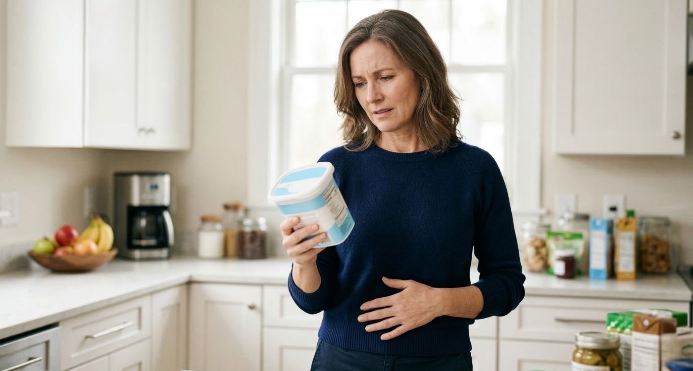 Mulher 45+ lendo rótulo de produto zero açúcar, ilustrando adoçantes na menopausa e estufamento abdominal.