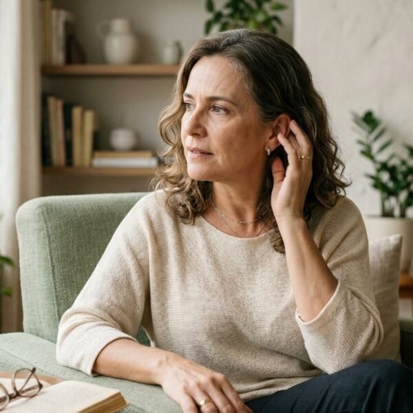 Mulher 50+ em casa levando a mão ao ouvido enquanto tenta entender um som, representando audição na menopausa.
