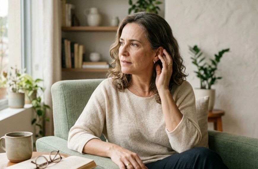 Mulher 50+ em casa levando a mão ao ouvido enquanto tenta entender um som, representando audição na menopausa.