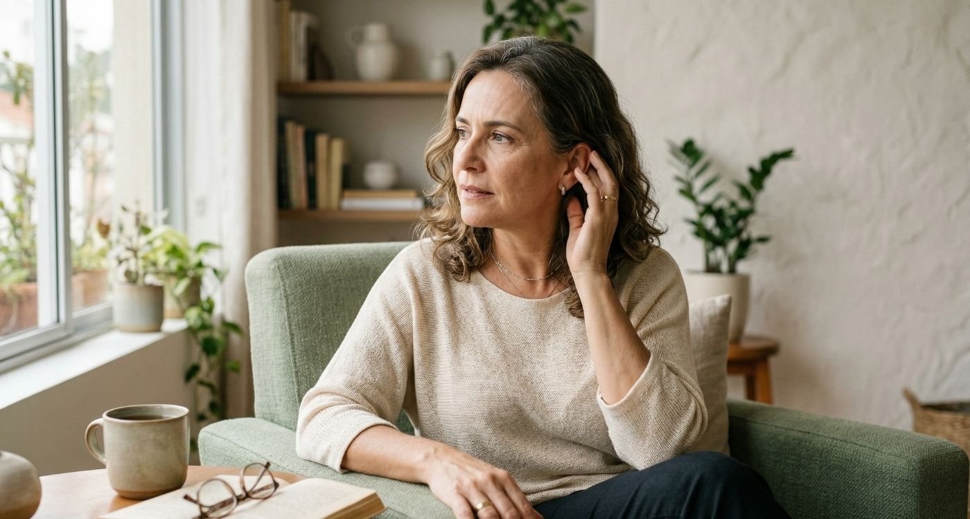 Mulher 50+ em casa levando a mão ao ouvido enquanto tenta entender um som, representando audição na menopausa.