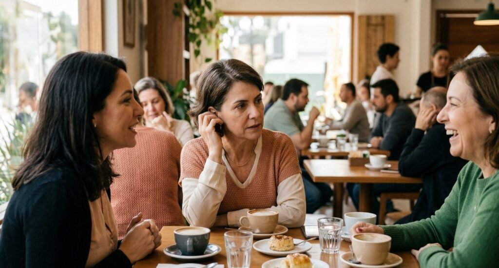 Mulher entre amigas, com semblante de desconforto por perda de audição na menopausa