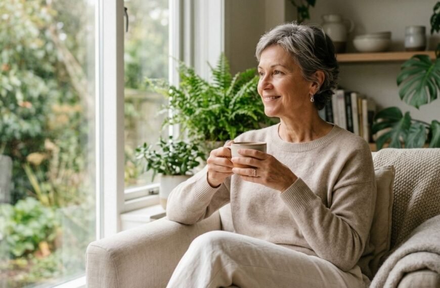 mulher 40+ em momento de tranquilidade e conexão consigo mesma, representando bem-estar na menopausa