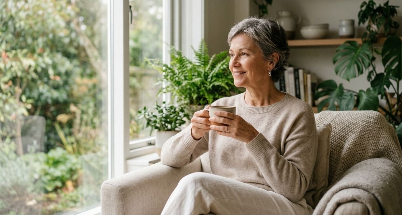 mulher 40+ em momento de tranquilidade e conexão consigo mesma, representando bem-estar na menopausa