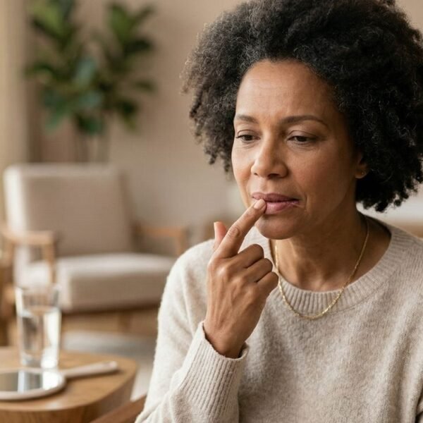 Mulher 40+ com expressão de incômodo tocando levemente a região da boca, representando boca ardendo na menopausa em ambiente acolhedor.