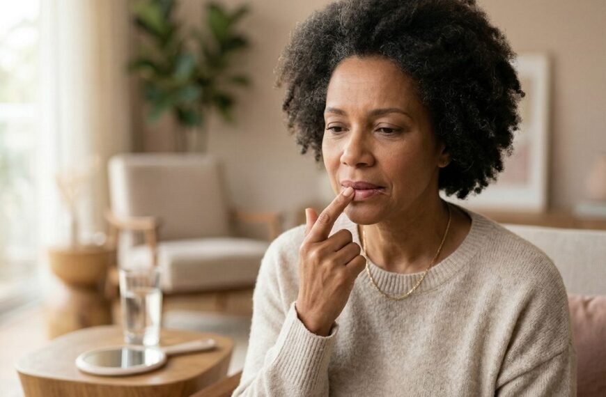 Mulher 40+ com expressão de incômodo tocando levemente a região da boca, representando boca ardendo na menopausa em ambiente acolhedor.