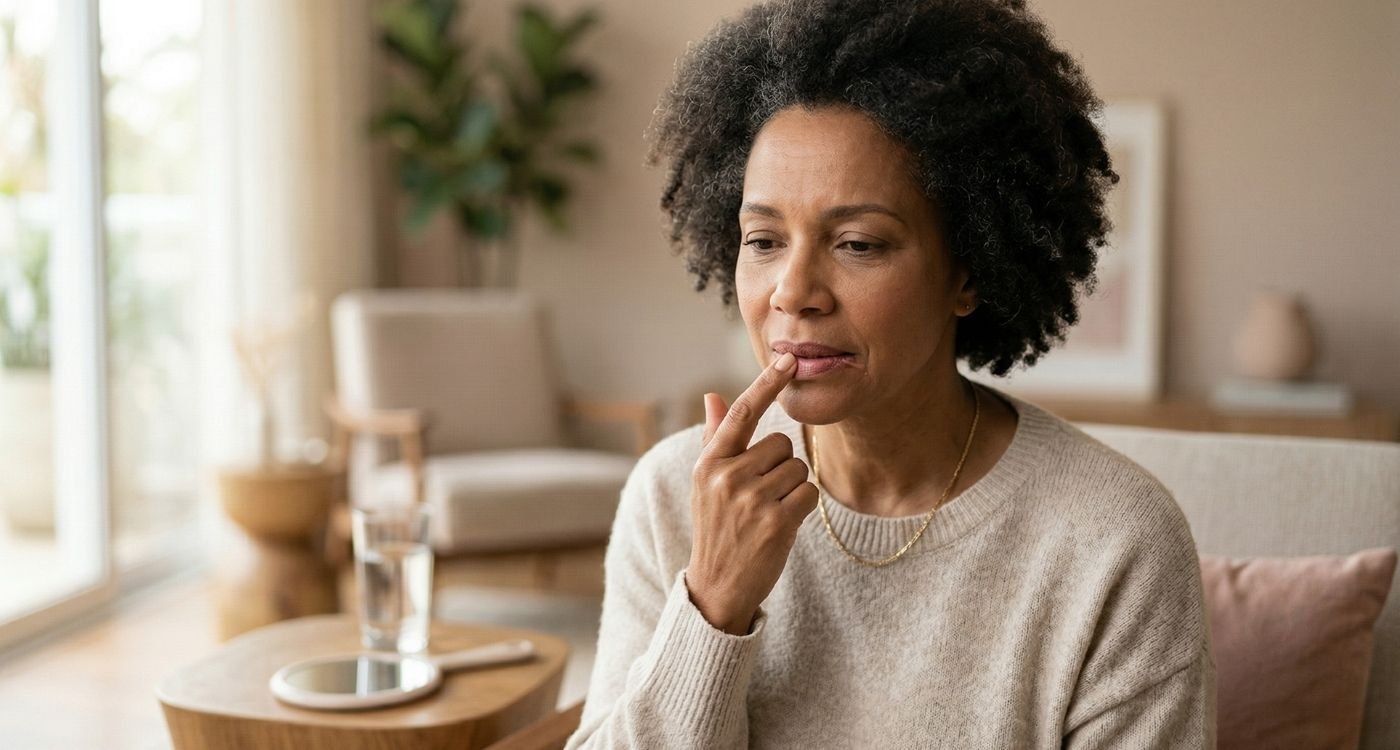 Mulher 40+ com expressão de incômodo tocando levemente a região da boca, representando boca ardendo na menopausa em ambiente acolhedor.