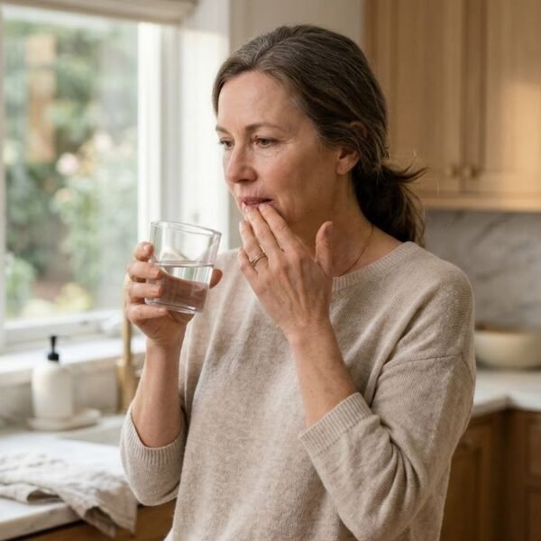Mulher 45+ segurando um copo de água e tocando levemente os lábios, com expressão de desconforto, em cena realista sobre boca seca na menopausa.