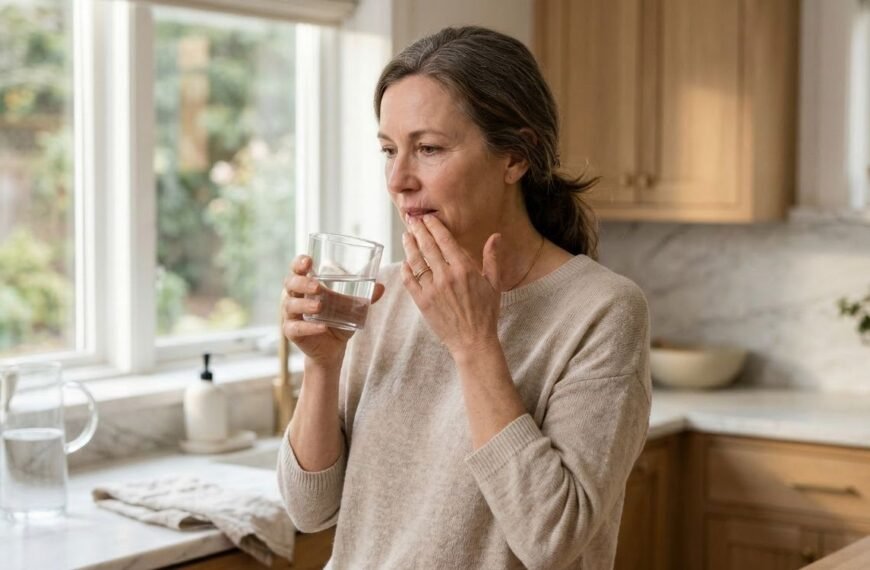 Mulher 45+ segurando um copo de água e tocando levemente os lábios, com expressão de desconforto, em cena realista sobre boca seca na menopausa.