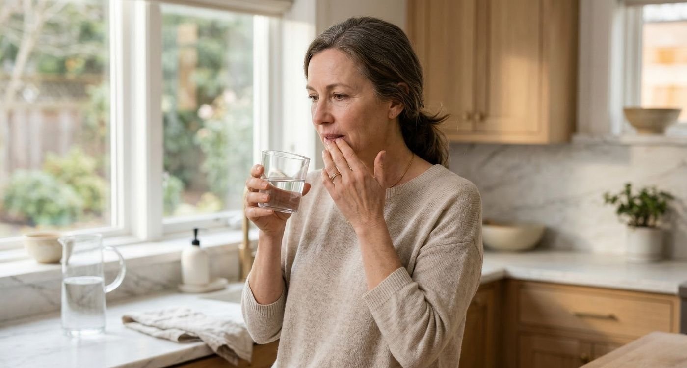 Mulher 45+ segurando um copo de água e tocando levemente os lábios, com expressão de desconforto, em cena realista sobre boca seca na menopausa.
