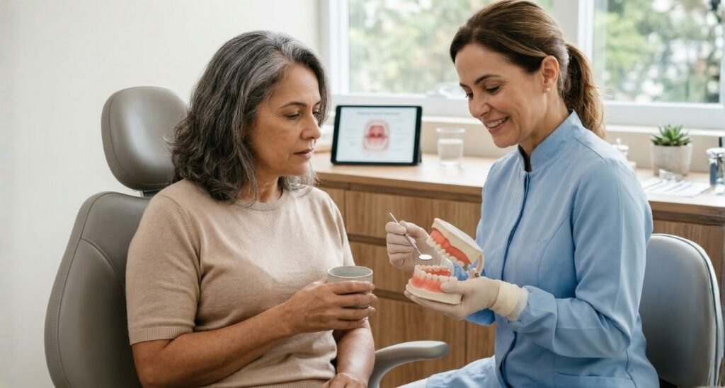 Mulher 50+ em consulta odontológica, conversando com profissional de saúde sobre boca seca na menopausa, em ambiente clínico acolhedor.