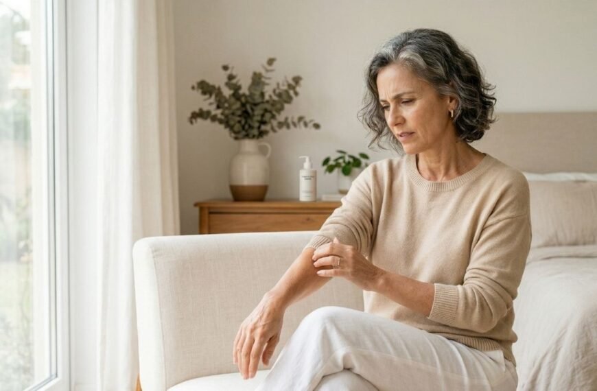 mulher 40+ observando a pele do braço com expressão atenta em ambiente claro e acolhedor, representando coceira na menopausa