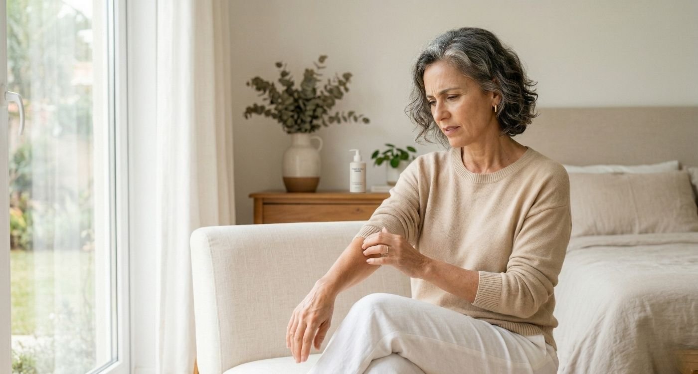 mulher 40+ observando a pele do braço com expressão atenta em ambiente claro e acolhedor, representando coceira na menopausa