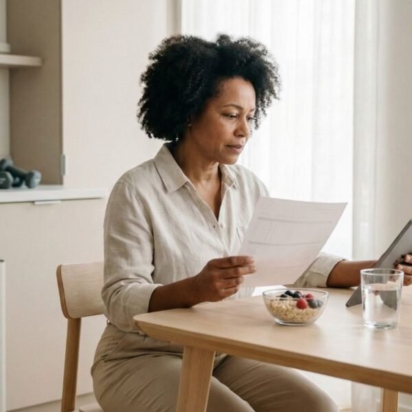 Uma mulher negra madura, sentada à mesa da cozinha, examina um documento médico e um tablet, possivelmente pesquisando sobre colesterol na menopausa. Ela tem uma expressão focada e preocupada. Na mesa há uma tigela com aveia e frutas, e ao fundo, halteres e um tapete de ioga, sugerindo um estilo de vida saudável.