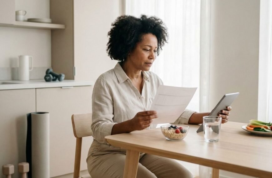 Uma mulher negra madura, sentada à mesa da cozinha, examina um documento médico e um tablet, possivelmente pesquisando sobre colesterol na menopausa. Ela tem uma expressão focada e preocupada. Na mesa há uma tigela com aveia e frutas, e ao fundo, halteres e um tapete de ioga, sugerindo um estilo de vida saudável.