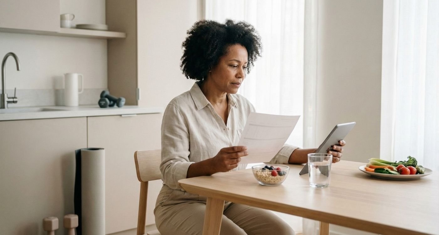 Uma mulher negra madura, sentada à mesa da cozinha, examina um documento médico e um tablet, possivelmente pesquisando sobre colesterol na menopausa. Ela tem uma expressão focada e preocupada. Na mesa há uma tigela com aveia e frutas, e ao fundo, halteres e um tapete de ioga, sugerindo um estilo de vida saudável.