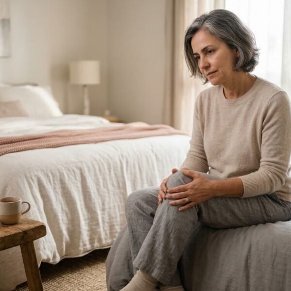 Mulher 50+ massageando o joelho em casa por dor articular na menopausa.